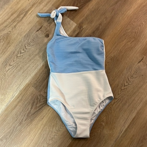 Textured White and Light Blue One shoulder Tie Cupshe Swimsuit Small - Picture 2 of 6